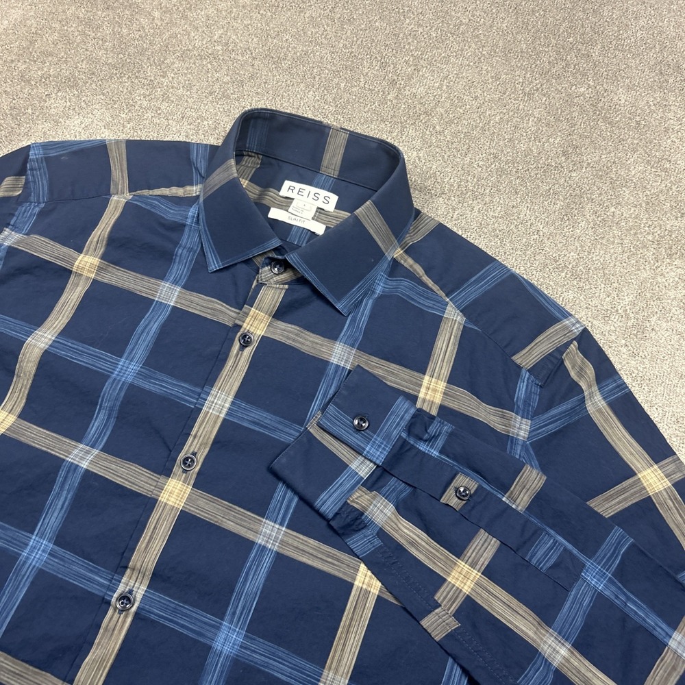 Reiss Slim Fit Button Up Shirt Mens Large Blue Plaid Long Sleeve Cotton Bandit